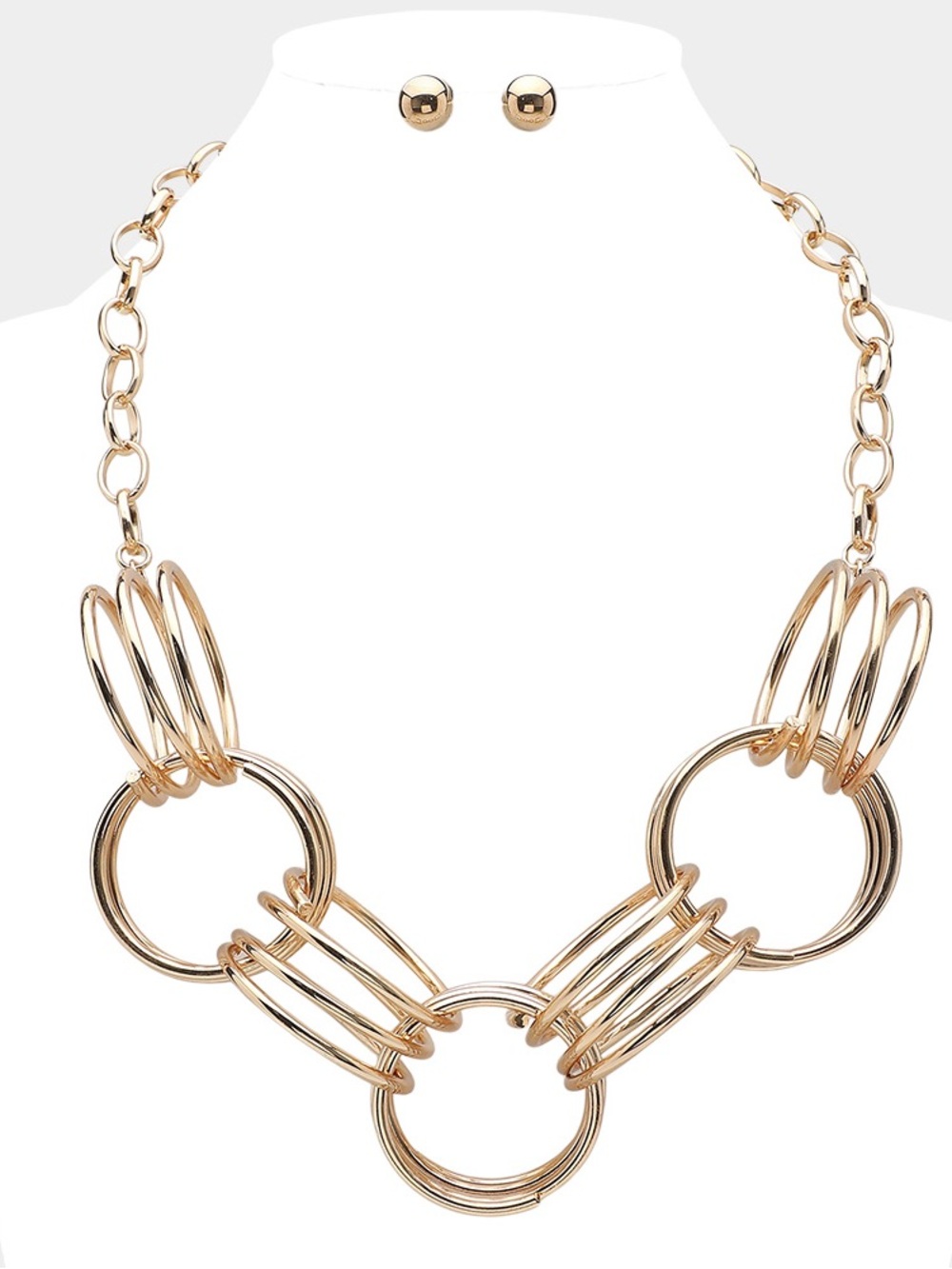 Gold-Tone Multi-Ring Statement Necklace with Stud Earrings